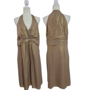 Ann Taylor Women's Empire Waist Sleeveless Silk Dress Gold Shimmer V Neck Sz 18